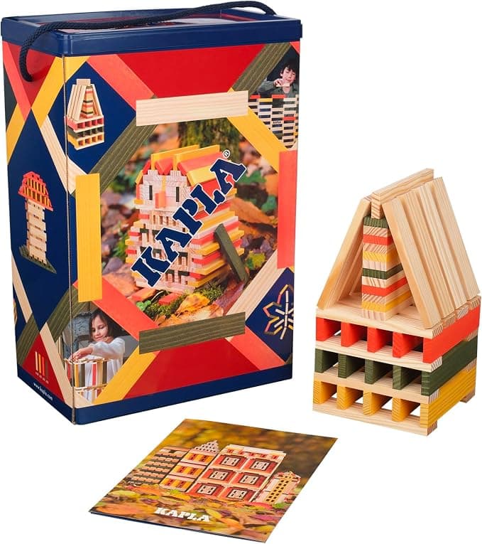 KAPLA Herfsttrommel 200 gekleurde plankjes (oranje, groen en geel) met bouwboekje