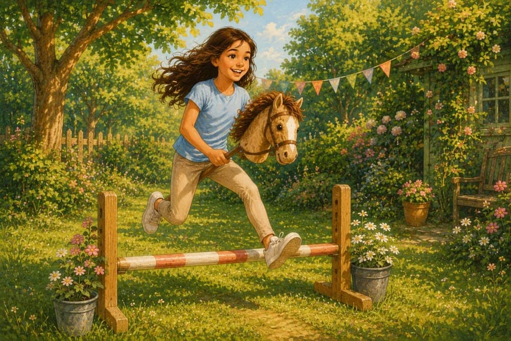 Meisje springt met haar zelfgemaakte hobby horse over een hindernis in de tuin