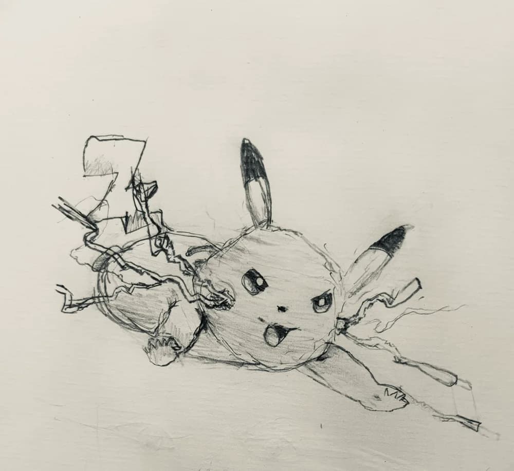 Tekening van Pokémon-figuren, gemaakt met grafietpotlood door een kind van 7