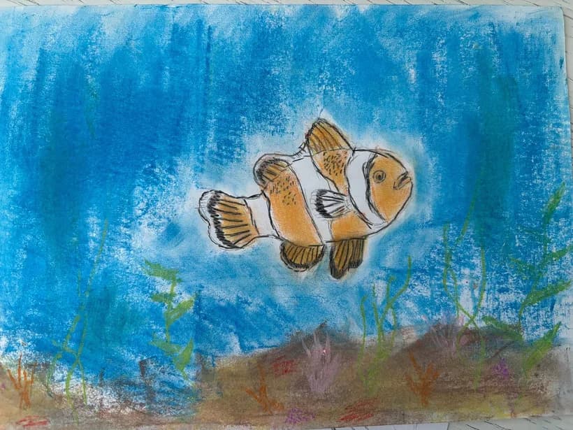 Tekening van een clownvis in het water, gemaakt met potlood en pastelkrijt door een kind van 7