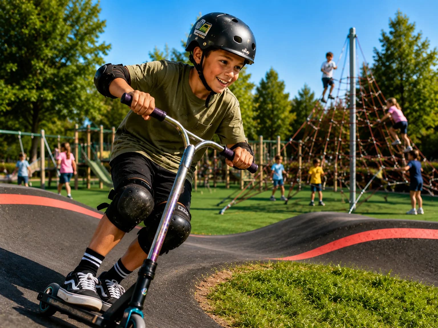 A boy in a helmet and pads riding a scooter on a pump track in the park