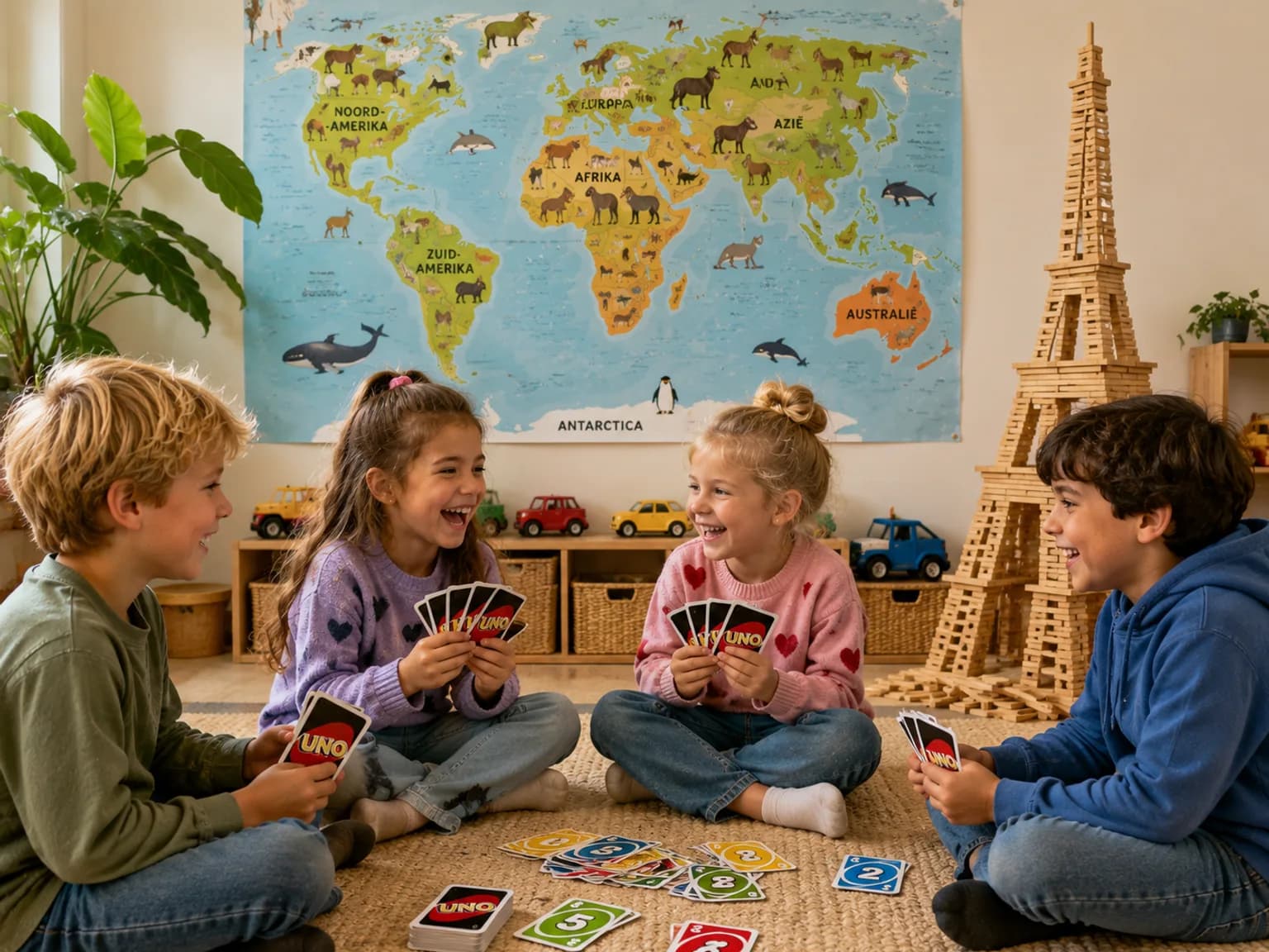 Vier kinderen zitten op de grond met kaarten in hun handen en spelen UNO
