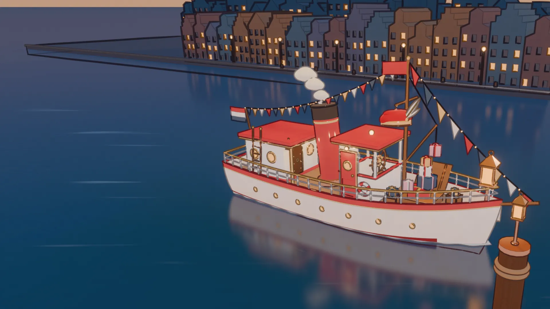De stoomboot van de Sint 's avonds in een Nederlandse haven, met de pet van Piet aan de mast