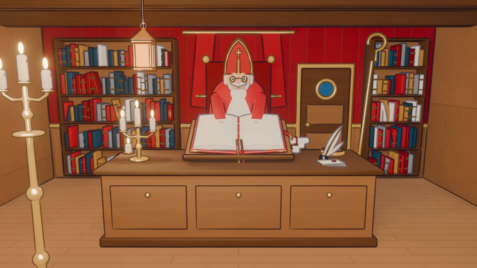 De Kamer van Sint bij kaarslicht: Sinterklaas in een rode stoel achter het Grote Boek op de lessenaar, met boekenkasten en een deur naar het dek