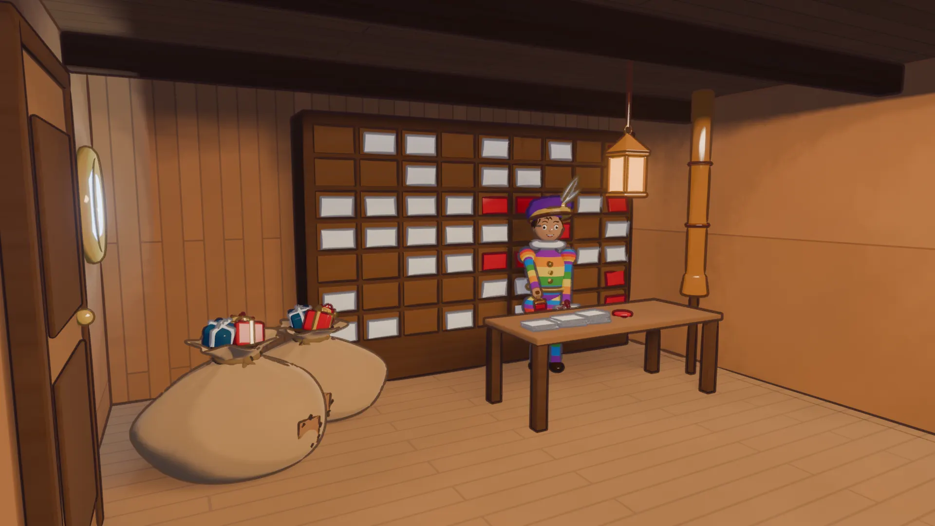 De postkamer van de Pieten: een wand vol postvakken, een sorteertafel met een stempel en een koperen buizenpost, en een Piet die je brief stempelt