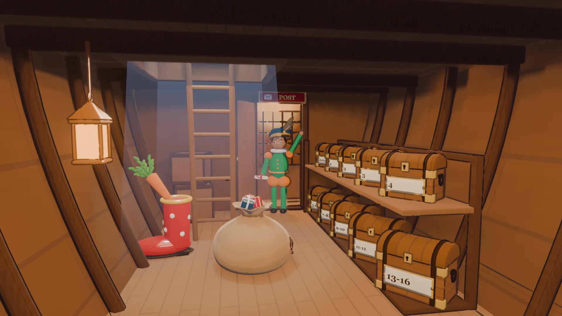 Het laadruim van de stoomboot, met een kistenrek vol kisten per leeftijd, een jute zak, een laars met een wortel en een Piet die zwaait vanuit de deur van de postkamer