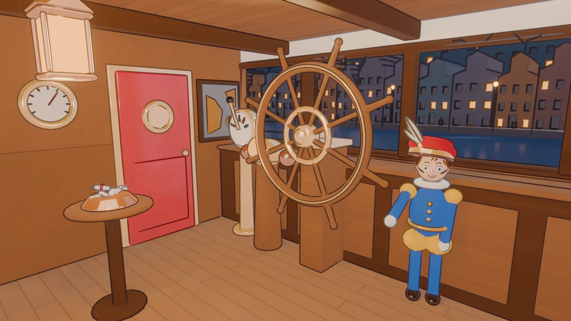 De stuurhut met een groot houten stuurwiel voor een raam op de haven, een Piet aan het roer en een rode deur naar het dek