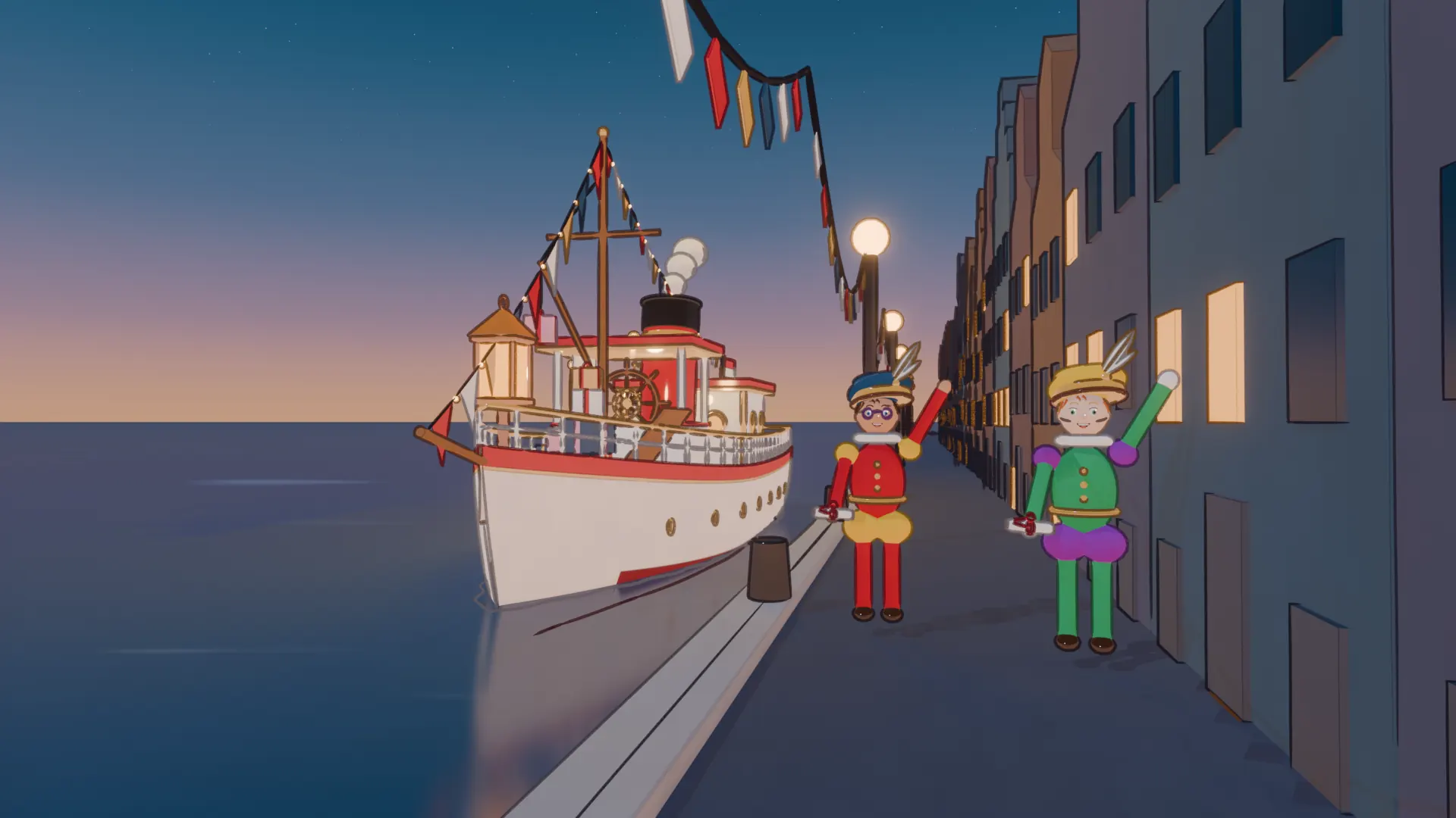 De stoomboot van de Sint meert 's avonds aan bij een kade met vlaggetjes en lantaarns; twee Pieten zwaaien