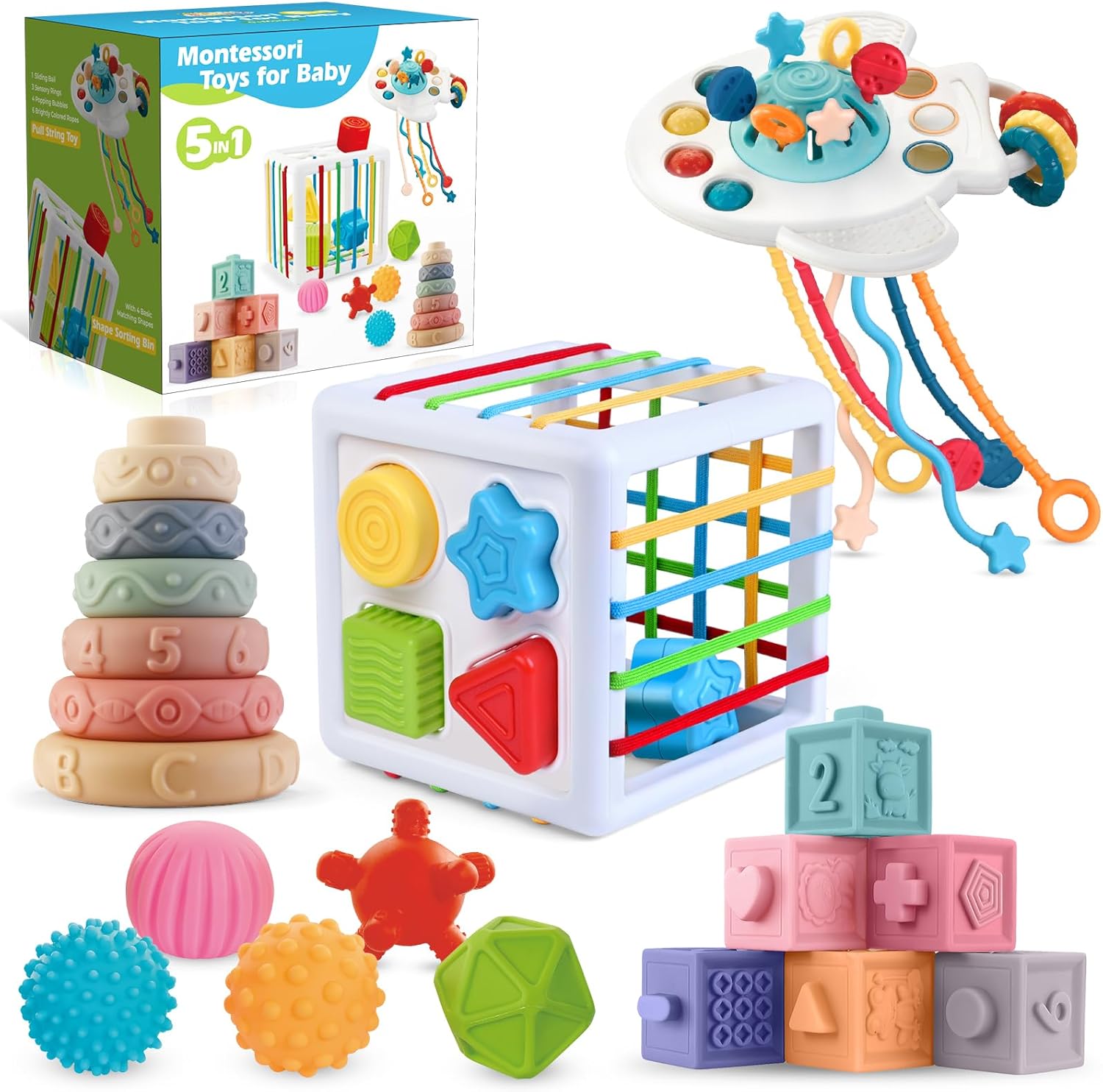 5 in 1 Montessori Toys for Babies 0-3-6-12 Months, Soft Baby Teething Toys, Sensory Bin Toy, Stacking Building Blocks Rings for Infants,Developmental Toys for Toddler,Gift for Baby 12-18 Months 5 in 1 Montessori Toys for Babies 0-3-6-12 Months, Soft Baby Teething Toys, Sensory Bin Toy, Stacking Building Blocks Rings for Infants,Developmental Toys for Toddler,Gift for Baby 12-18 Months