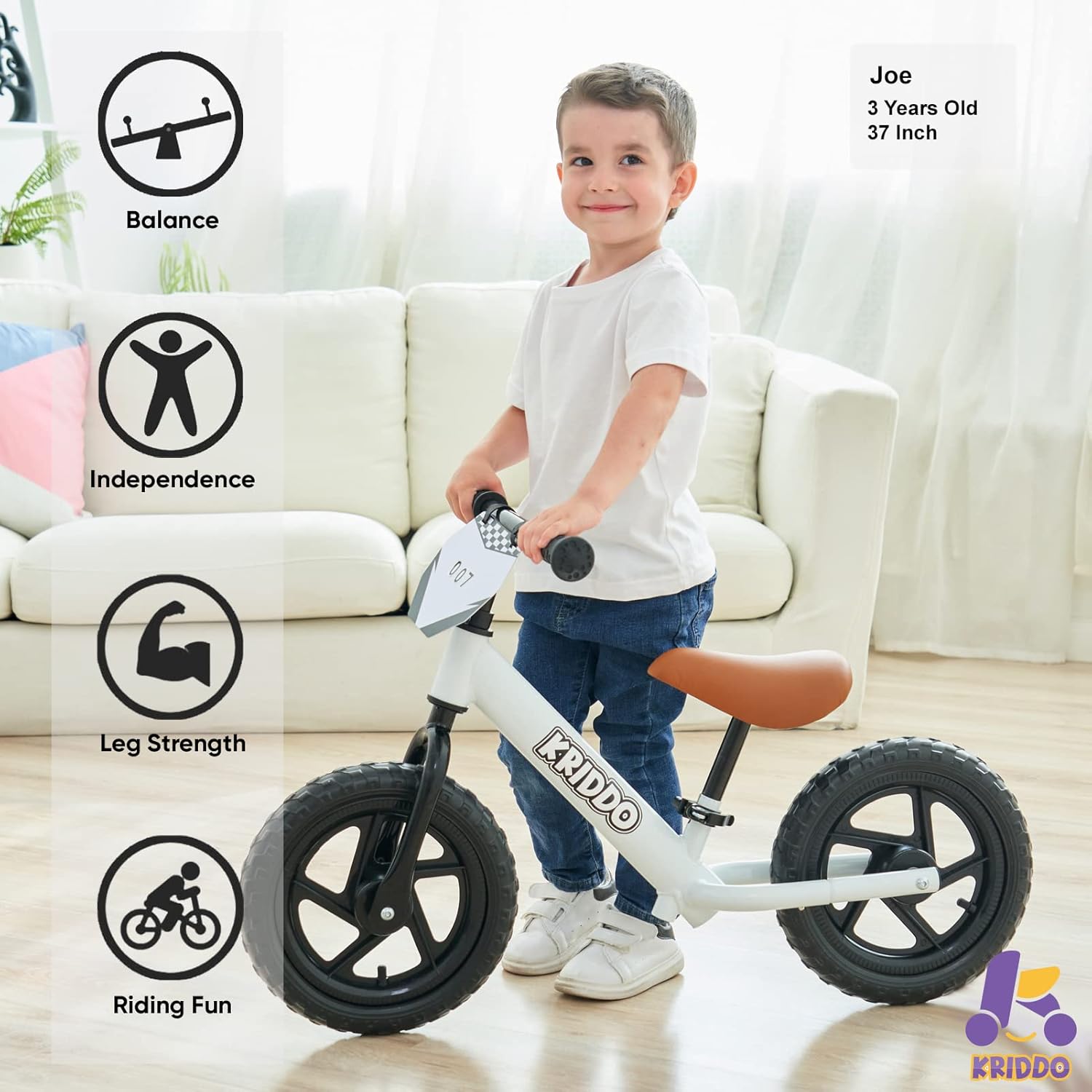 KRIDDO Loopfiets voor peuters van 2 jaar, leeftijd 18 maanden tot 5 jaar oud, 12 inch push-bike met individuele plaat (3 sets stickers inbegrepen), cadeau voor 2-3 jongens en meisjes